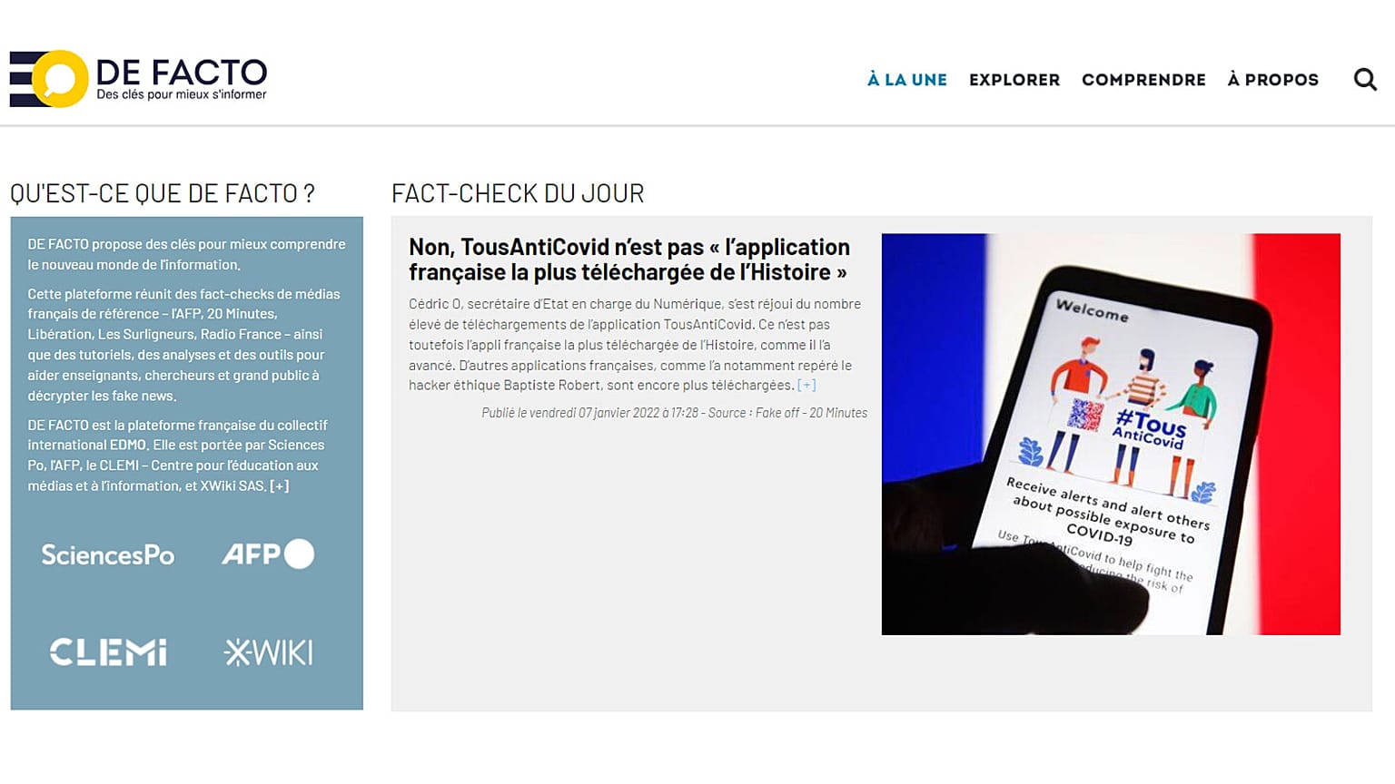 Capture du site web "De Facto", le 11 janvier 2022