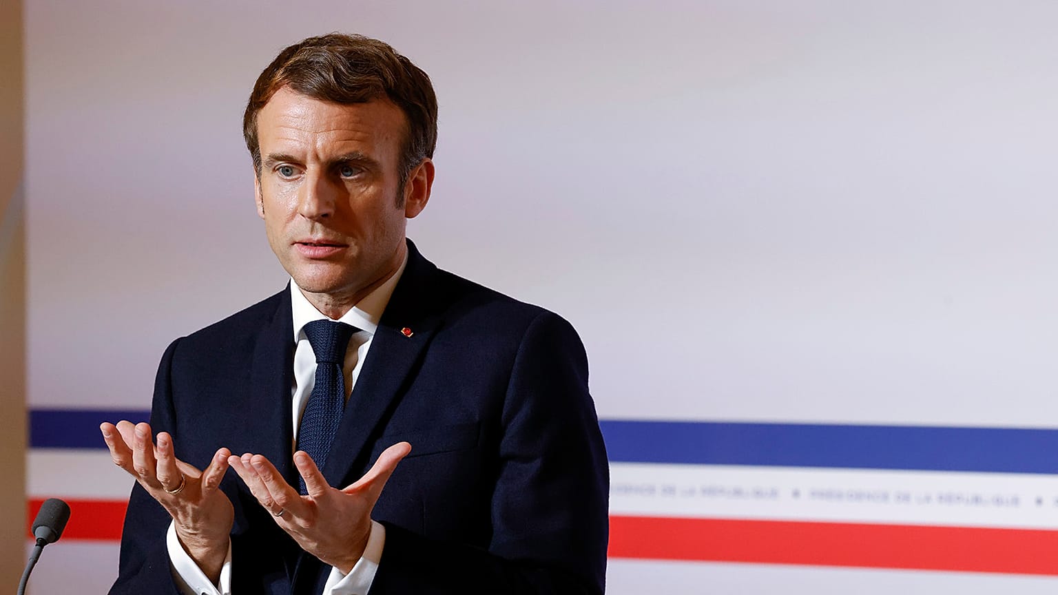 French president Emmanuel Macron delivers a speech as he addresses his New Year's wishes to media at the Elysee Palace in Paris,