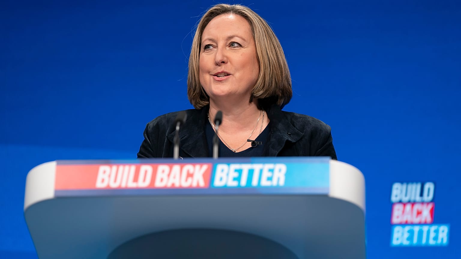 FILE- Anne-Marie Trevelyan Secretary of State for International Trade speaks at the Conservative Party Conference in Manchester, England, Sunday, Oct. 3, 2021.