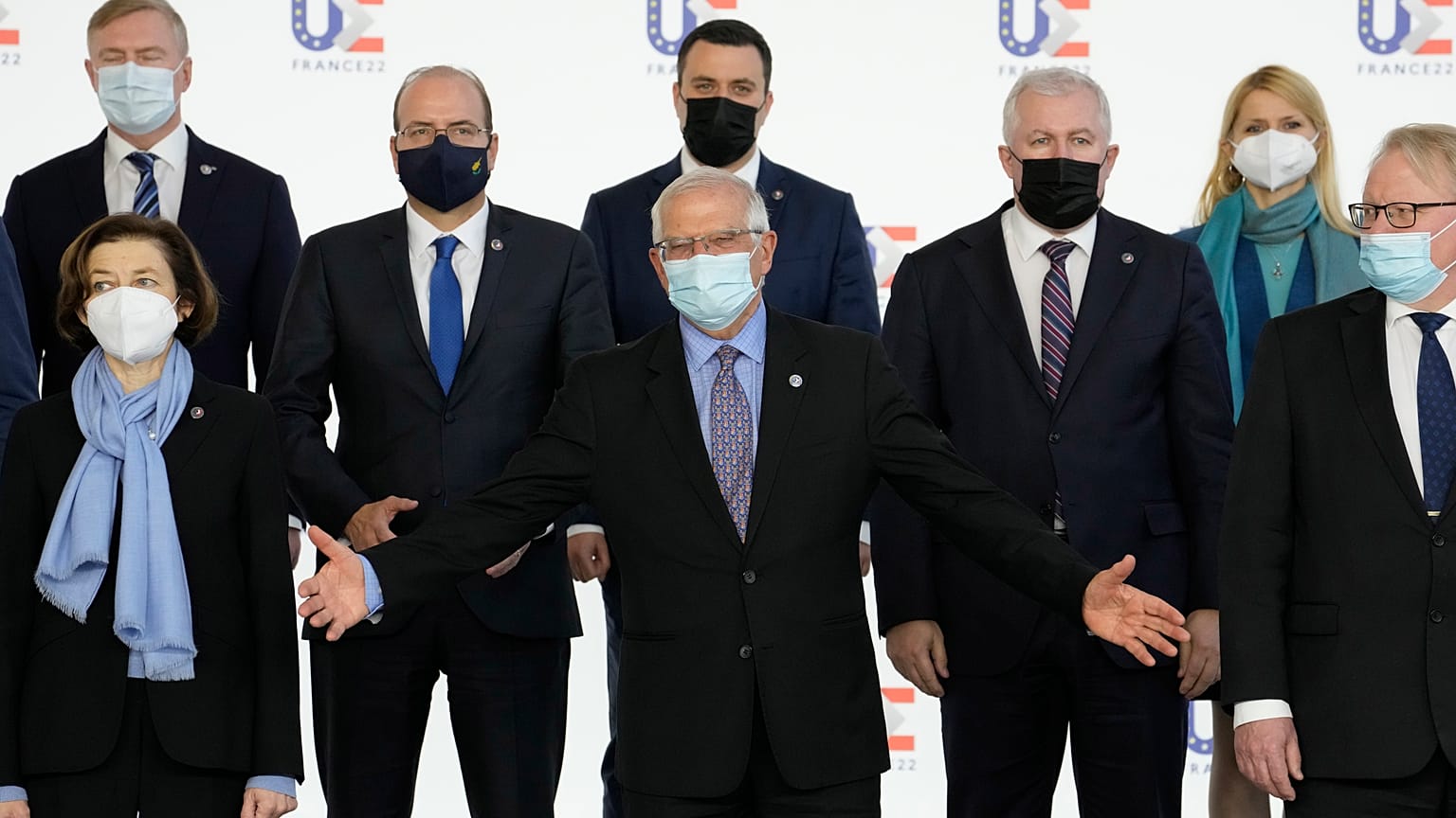 European Union foreign policy chief Josep Borrell gestures as he poses during a group photo of EU defence ministers in Brest, France, Thursday, Jan. 13, 2022.