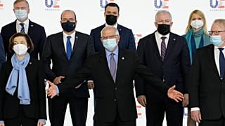 European Union foreign policy chief Josep Borrell gestures as he poses during a group photo of EU defence ministers in Brest, France, Thursday, Jan. 13, 2022.