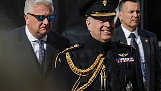Britain's Prince Andrew, center, attend a memorial ceremony to mark the 75th anniversary of the liberation from German occupation in Bruges, Belgium, Sept. 7, 2019.