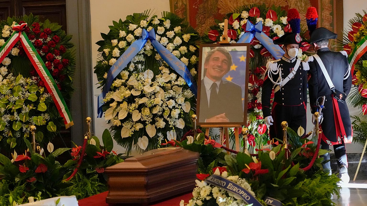 The coffin of late EU Parliament President David Sassoli is laid out in state at Rome's capitol hill, Thursday, Jan. 13, 2022.