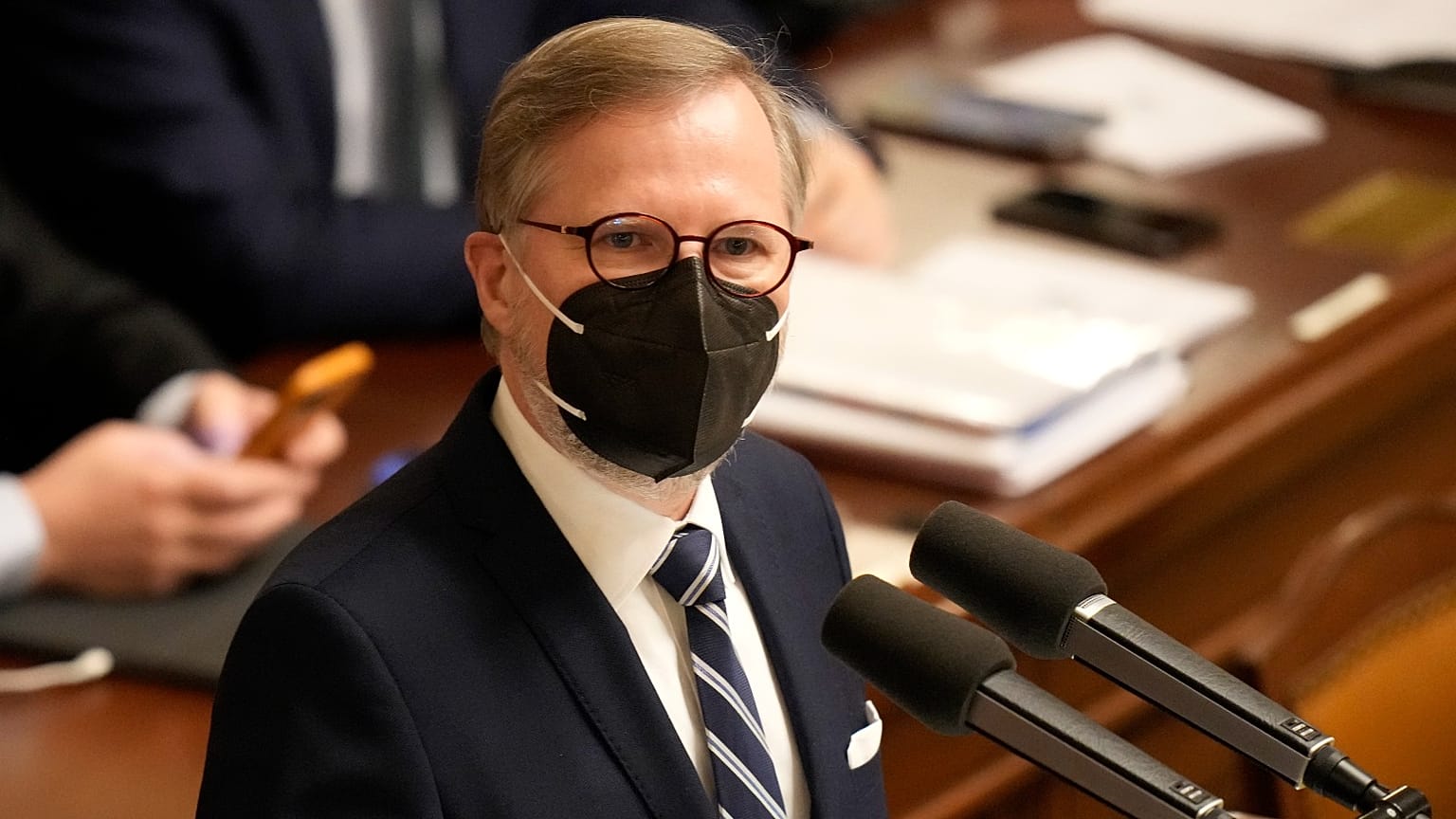 Czech Republic's Prime Minister Petr Fiala addresses lawmakers during a parliament session in Prague, Czech Republic, Jan. 12, 2022.