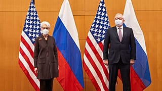 US Deputy Secretary of State Wendy Sherman, left, and Russian deputy foreign minister Sergei Ryabkov attend security talks at the United States Mission in Geneva, Switzerland.