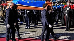 The coffin of late EU Parliament President David Sassoli arrives for the state funerals at Santa Maria degli Angeli Basilica in Rome, Jan. 14, 2022.