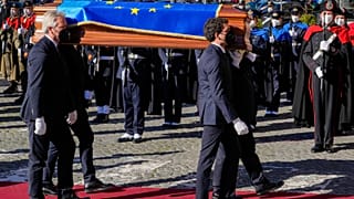 The coffin of late EU Parliament President David Sassoli arrives for the state funerals at Santa Maria degli Angeli Basilica in Rome, Jan. 14, 2022.