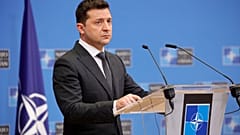 Ukraine's President Volodymyr Zelenskyy at NATO headquarters in Brussels, Dec. 16, 2021. 