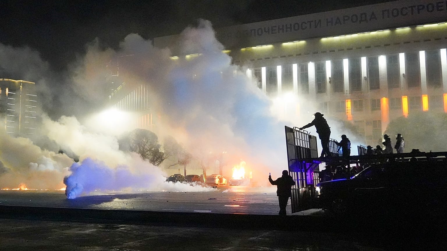 Riot police prepare to block protesters in the center of Almaty, Kazakhstan, Jan. 5, 2022.