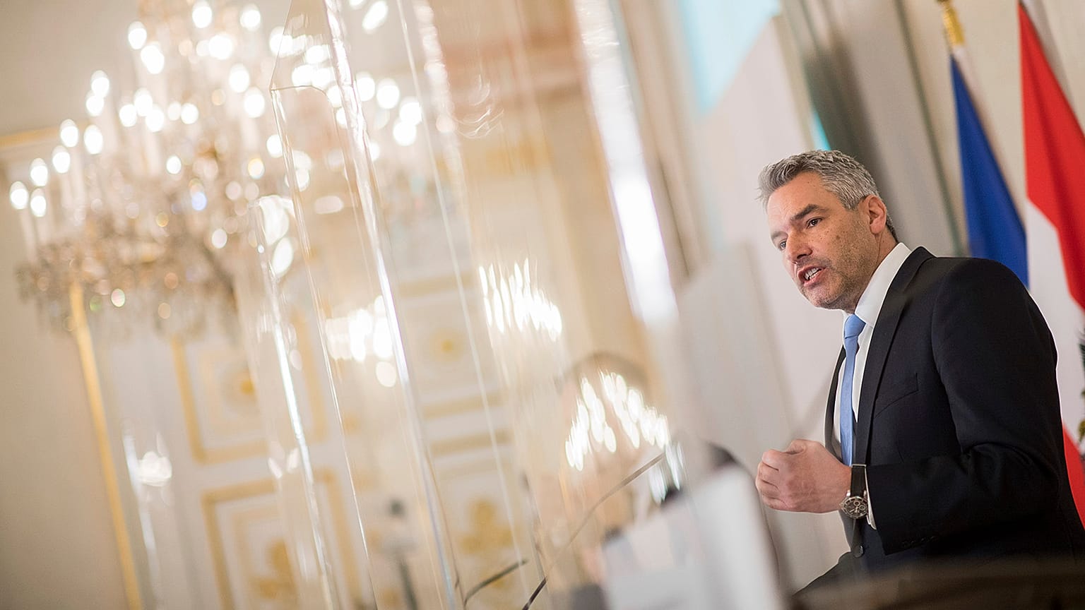 Austrian Chancellor Karl Nehammer presents a bill for a planned compulsory vaccination due to the COVID19-virus at a press conference in Vienna
