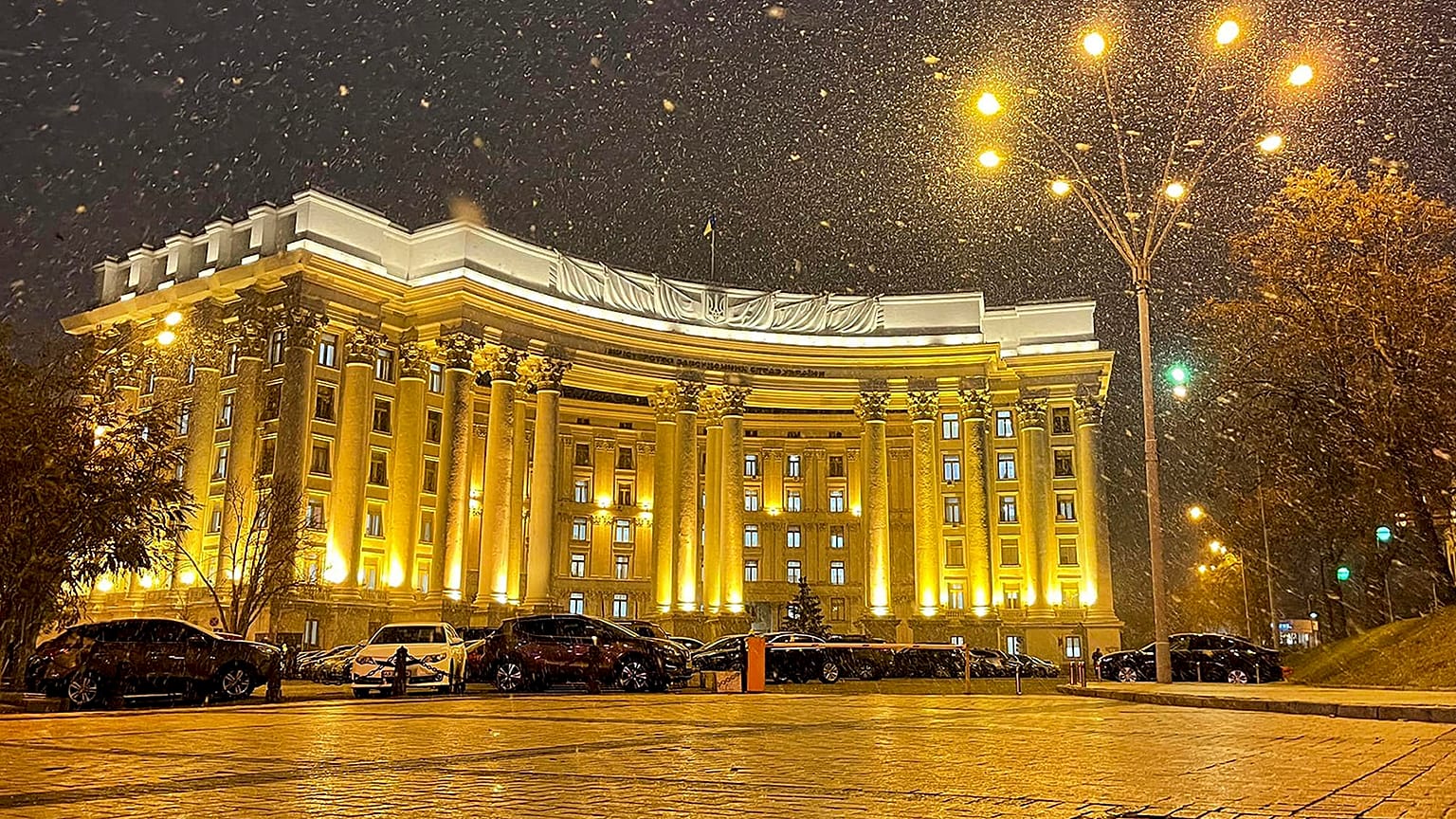The building of Ukrainian Foreign Ministry is seen during snowfall in Kyiv