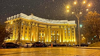 The building of Ukrainian Foreign Ministry is seen during snowfall in Kyiv
