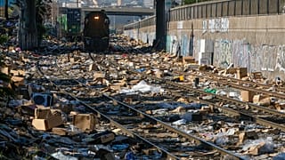 Los Angeles'ta, hırsızların aylardır şehir merkezine girerken yavaşlayan hareket halindeki yük trenlerini yağmalaması nedeniyle raylar kutularla doldu 