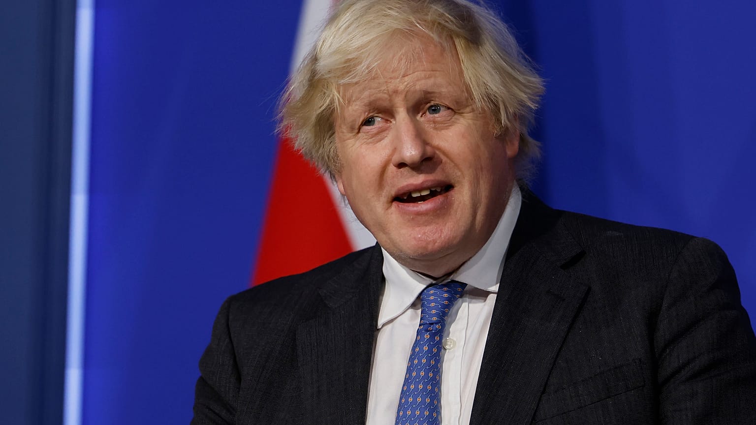 Britain's Prime Minister Boris Johnson speaks during a media briefing on COVID-19, in Downing Street, London, Dec. 15, 2021. 