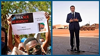 A g. : lors d'une manifestation à Bamako (Mali), le 14/01/2022 - A dr. : Emmanuel Macron en visite à Gao (nord du Mali), le 19/05/2017