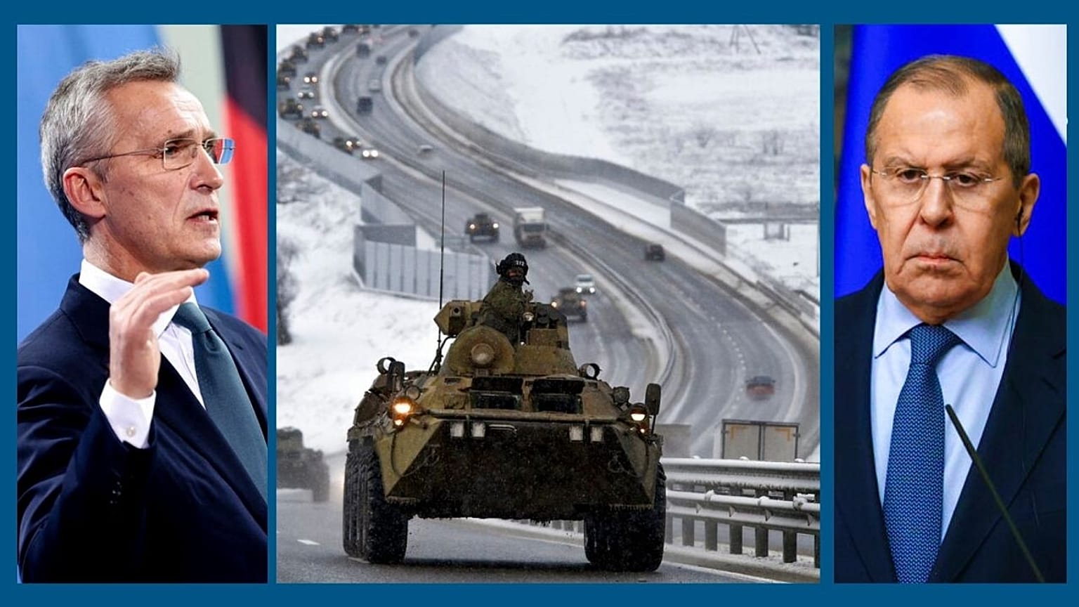 Jens Stoltenberg, secrétaire général de l'Otan (à g.), convoi militaire russe en Crimée (au centre), Sergueï Lavrov, chef de la diplomatie russe (à dr.)
