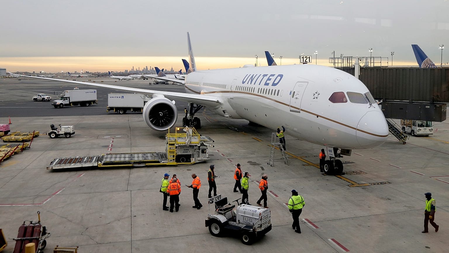 FILE - A Dreamliner 787-10 arriving from Los Angeles pulls up to a gate at Newark Liberty International Airport in Newark, N.J., Monday, Jan. 7, 2019.