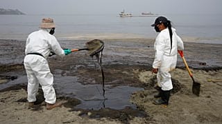 Des personnes nettoient la plage de Conchitas à Ancon, Pérou, le 20 janvier 2022