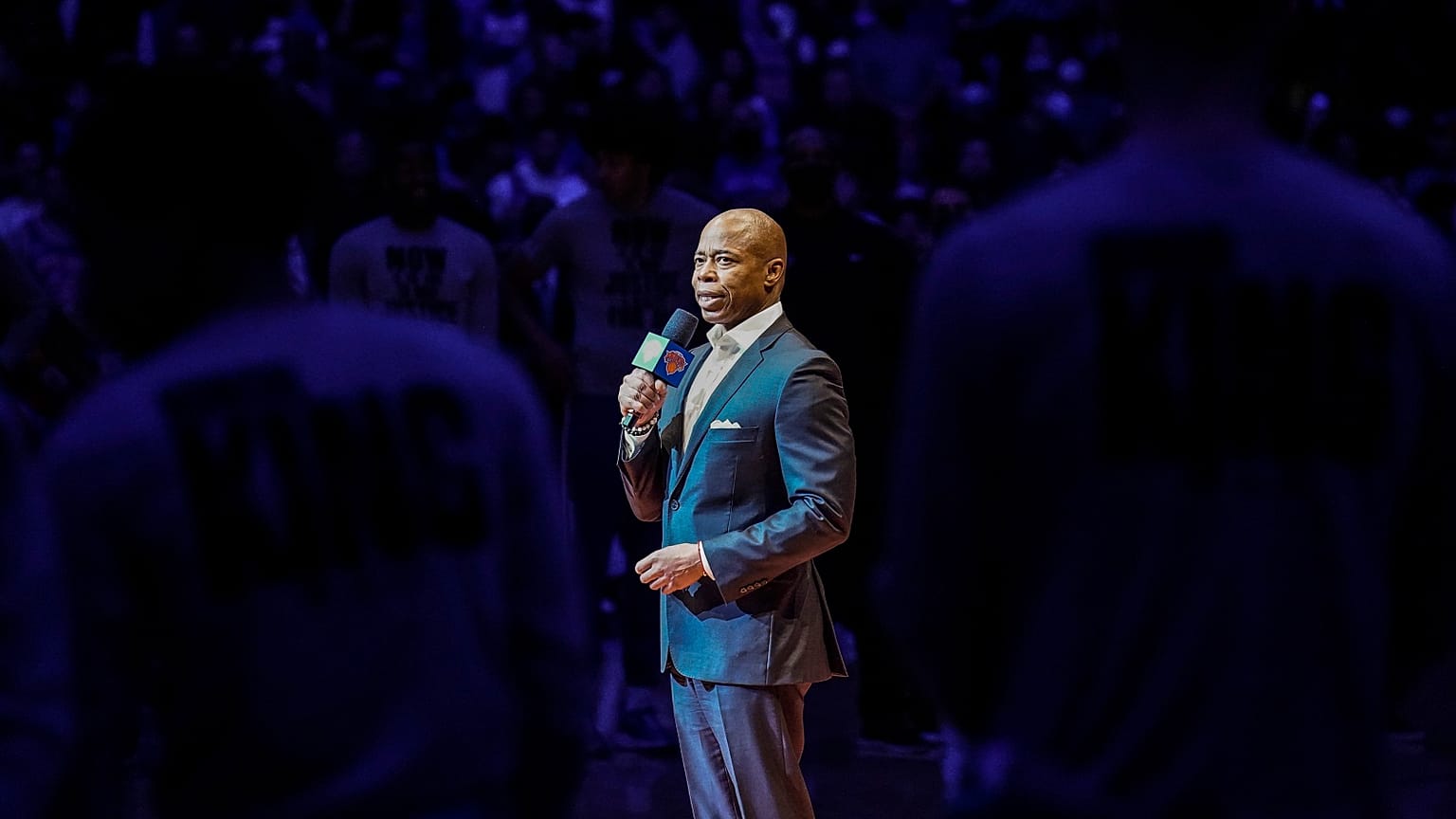 New York City mayor Eric Adams speaks at a Martin Luther King Jr. Day ceremony before tipoff of NBA basketball game, Jan. 17, 2022.