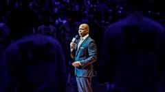 New York City mayor Eric Adams speaks at a Martin Luther King Jr. Day ceremony before tipoff of NBA basketball game, Jan. 17, 2022.
