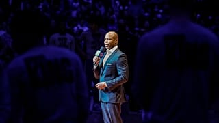 New York City mayor Eric Adams speaks at a Martin Luther King Jr. Day ceremony before tipoff of NBA basketball game, Jan. 17, 2022.