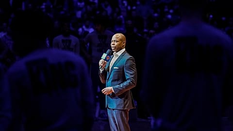 New York City mayor Eric Adams speaks at a Martin Luther King Jr. Day ceremony before tipoff of NBA basketball game, Jan. 17, 2022.