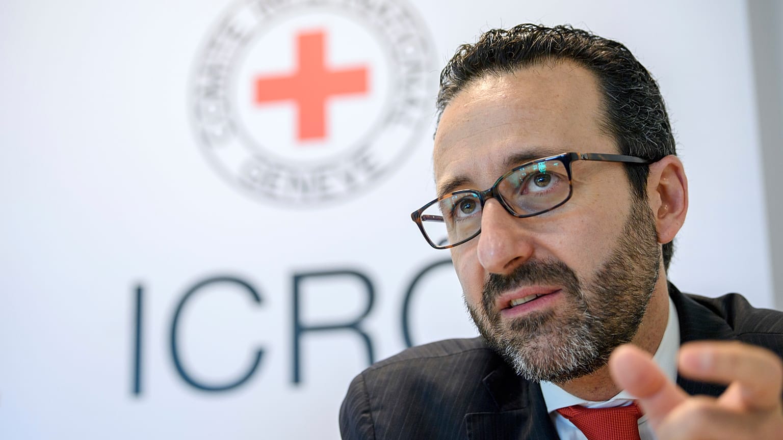 Robert Mardini speaks during a news conference on the situation in Gaza, at the International Red Cross, headquarters in Geneva, Switzerland, on May 31, 2018. 