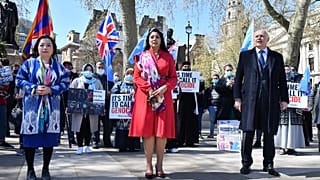UK Conservative Party MP Nusrat Ghani (C) at a pro-Uighur protest over alleged persecution of China's Muslim minority before a vote in parliament, London, April 22, 2021.
