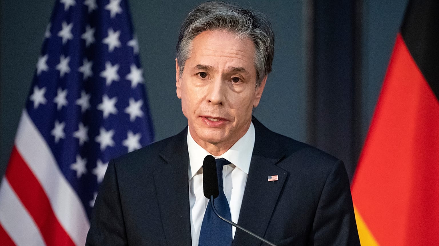 Secretary of State Antony Blinken speaks at a joint event at the Berlin-Brandenburg Academy of Sciences and Humanities, in Berlin, Germany, Thursday, Jan. 20, 2022.