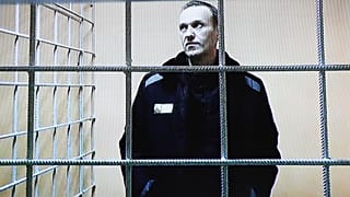 Alexei Navalny speaks from a prison via a video link during a court in session in Petushki last week.