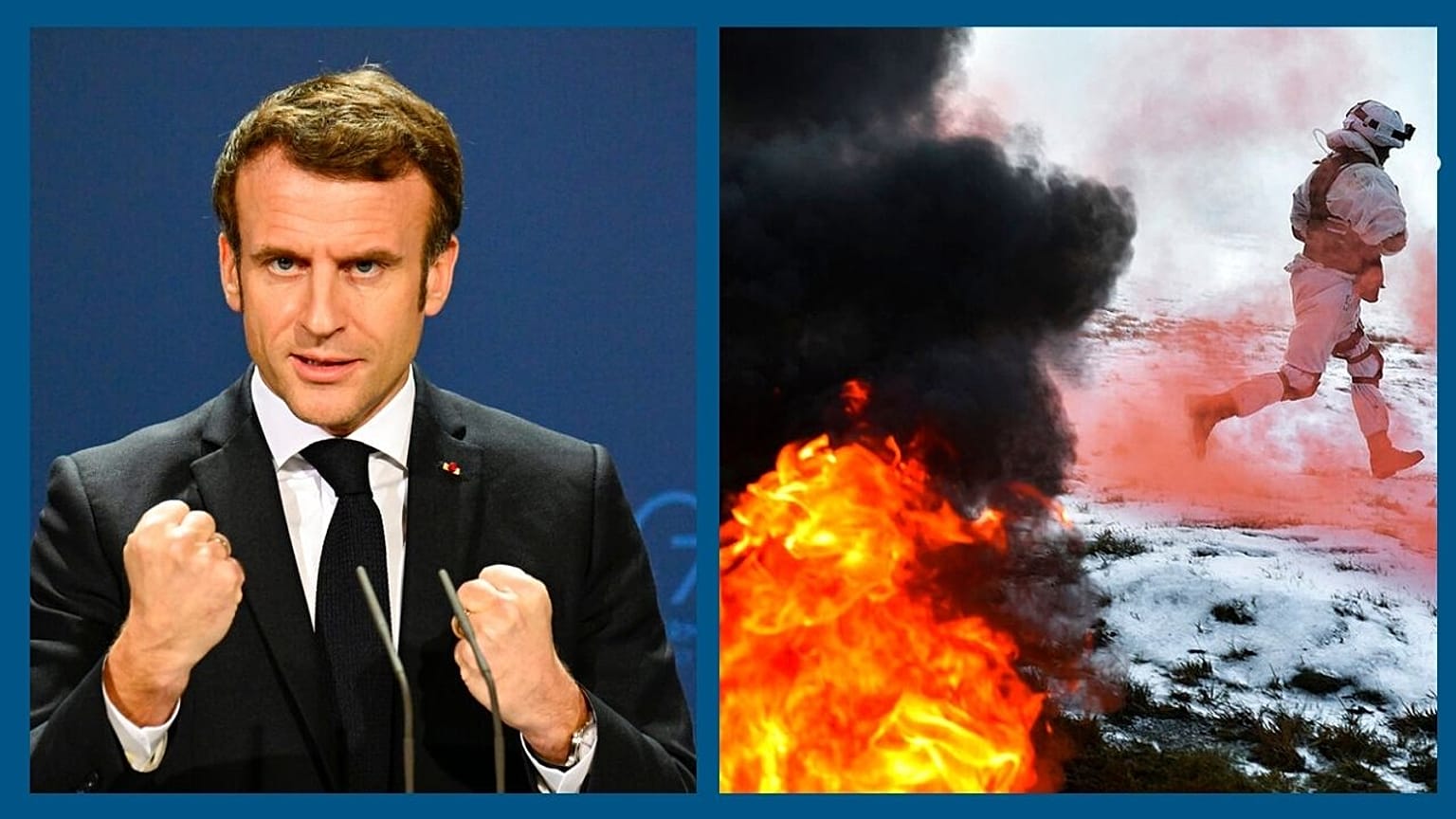 A g. : Emmanuel Macron à Berlin ce 25/01/2022 - A dr. : exercices militaires russes près de Moscou le 25/01/2022