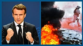 A g. : Emmanuel Macron à Berlin ce 25/01/2022 - A dr. : exercices militaires russes près de Moscou le 25/01/2022