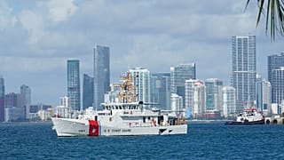 The U.S. Coast Guard ship Bernard C. Webber, leaves the coast guard base, July 19, 2021, in Miami Beach, Florida.