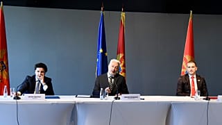Deputy PM Dritan Abazović, prime minister Zdravko Krivokapić, and speaker of the parliament Aleksa Bečić at a press conference after deciding on the government in Podgorica