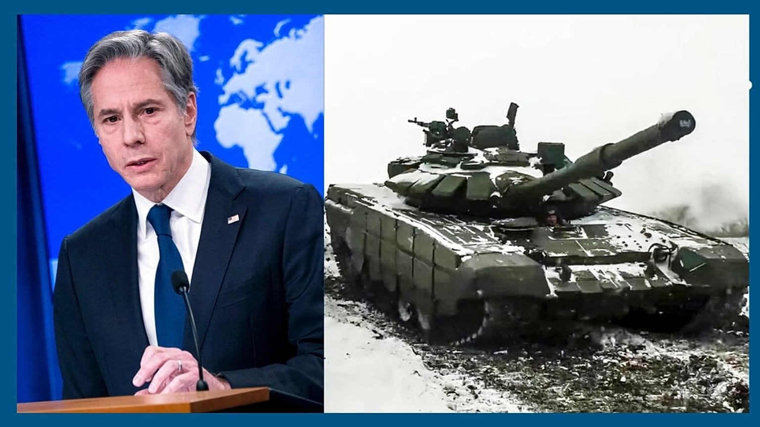 A g. : Antony Blinken à Washington, le 26/01/2022  - A dr. : exercice militaire russe dans la région de Rostov (photo fournie par le Min. russe de la Défense), le 26/01/2022