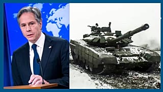 A g. : Antony Blinken à Washington, le 26/01/2022  - A dr. : exercice militaire russe dans la région de Rostov (photo fournie par le Min. russe de la Défense), le 26/01/2022