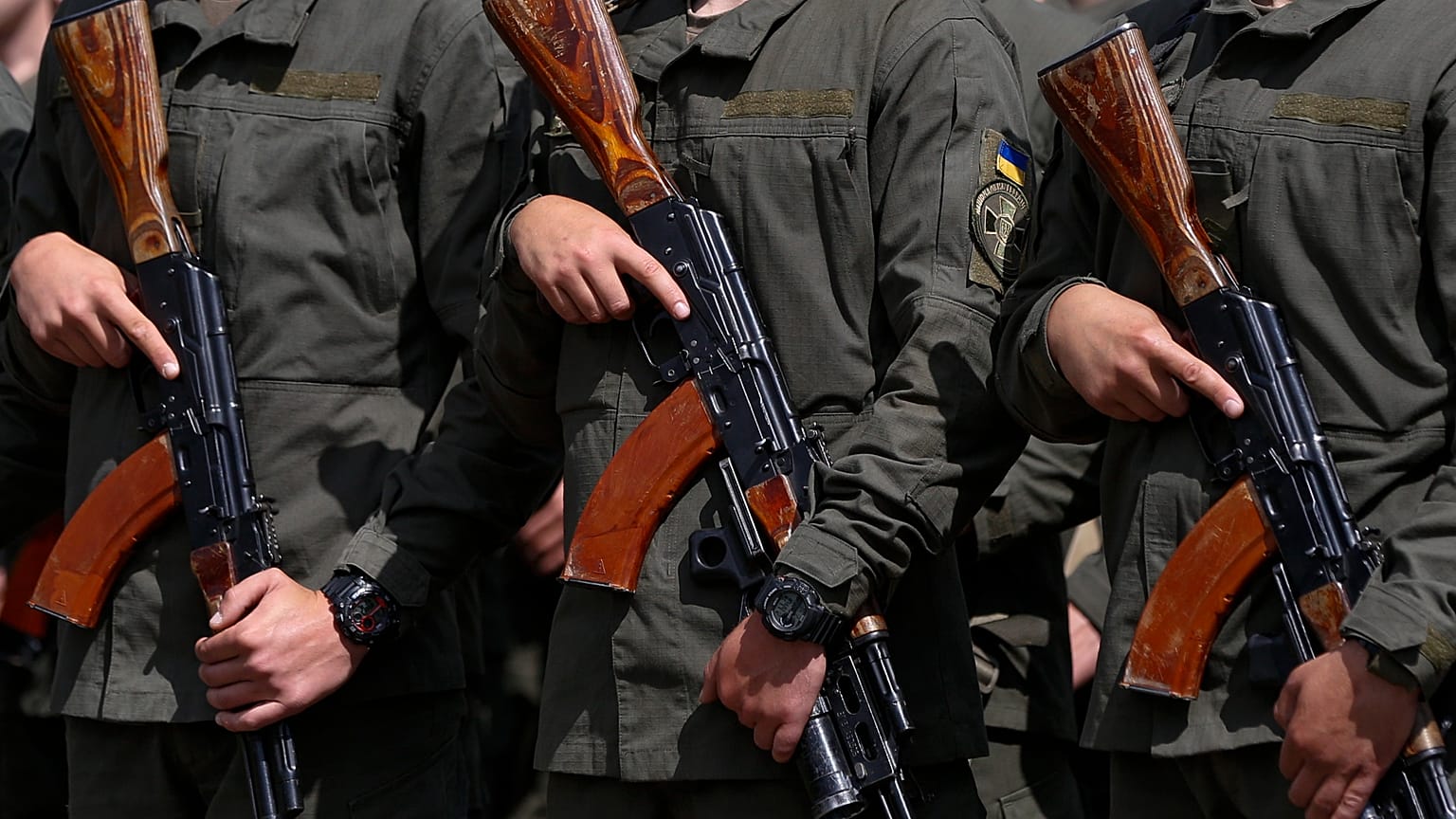 FILE: Members of a rapid reaction unit of Ukraine’s National Guard take part in a ceremony marking the first anniversary of its creation.