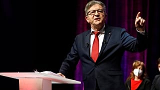 Jean-Luc Mélenchon, az Engedetlen Franciaország mozgalom alapítója kampánygyűlést tart Strasbourgban