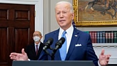 President Joe Biden delivers remarks on the retirement of Supreme Court Associate Justice Stephen Breyer, left, in the Roosevelt Room of the White House, January 27, 2022.