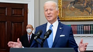 President Joe Biden delivers remarks on the retirement of Supreme Court Associate Justice Stephen Breyer, left, in the Roosevelt Room of the White House, January 27, 2022.