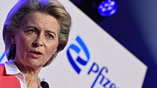 EC President Ursula von der Leyen during a press conference after a visit to a Pfizer-BioNtech Covid-19 vaccine production plant