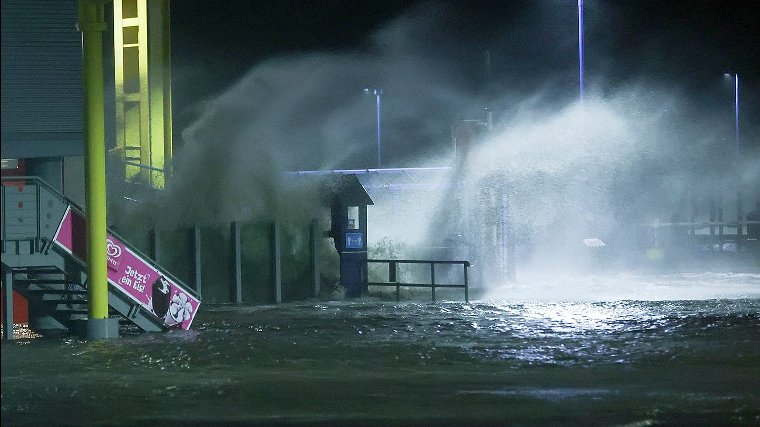 The North Sea crashes into the Dagebull ferry terminal, in Dagebull, Germany