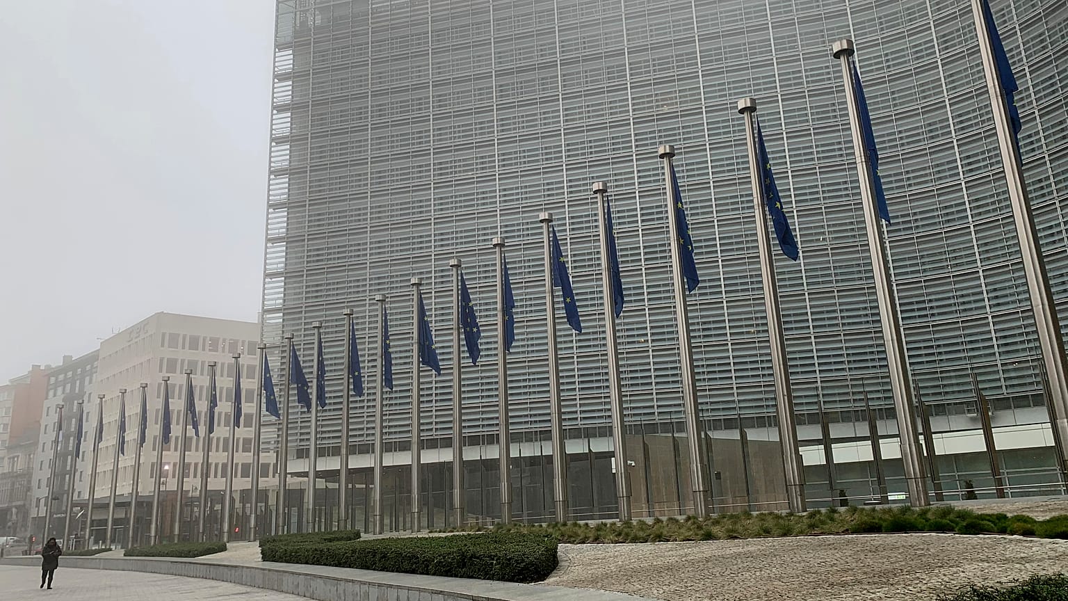 A woman walks in the fog past EU flags in front of EU headquarters in Brussels, Jan. 25, 2022.