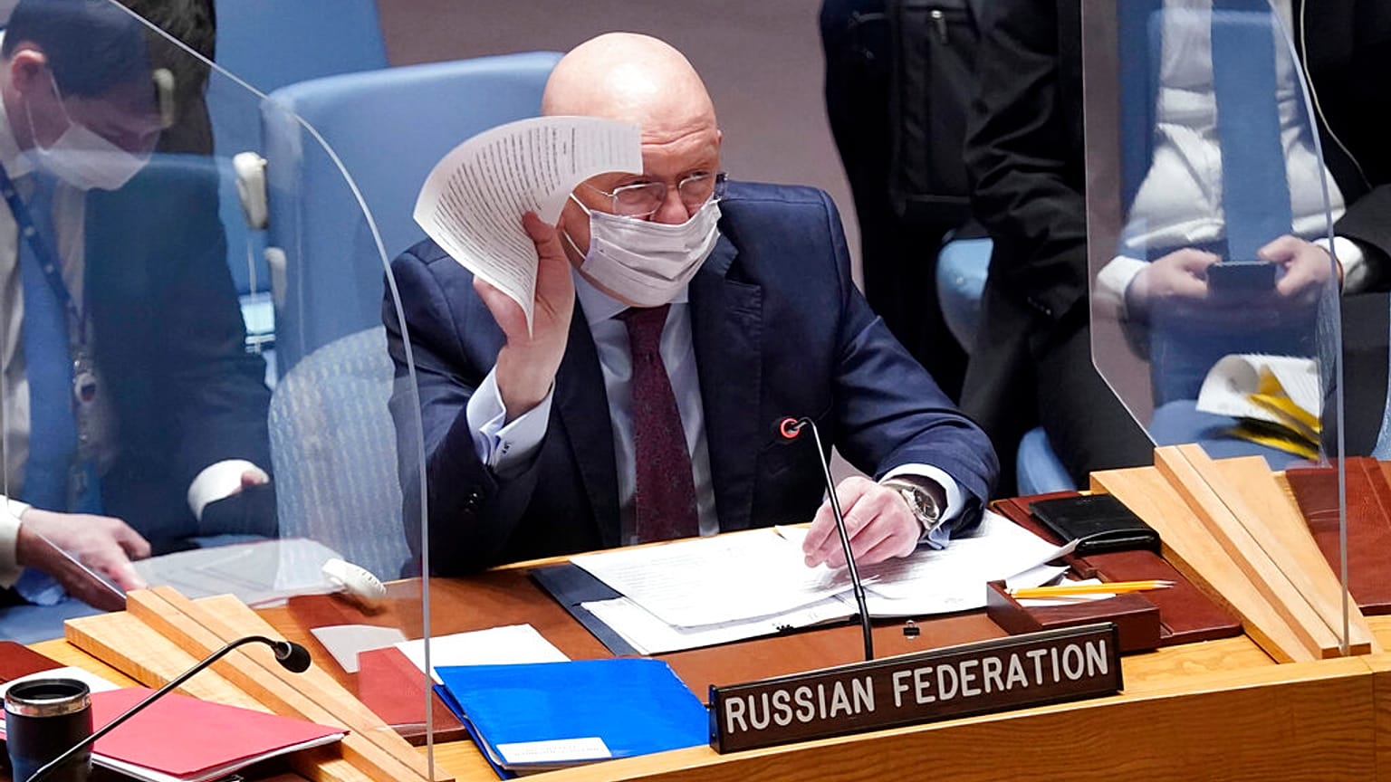 L'ambassadeur russe à l'ONU, Vasily Nebenzya, s'adressant au Conseil de sécurité des Nations unies, avant un vote, lundi 31 janvier 2022.