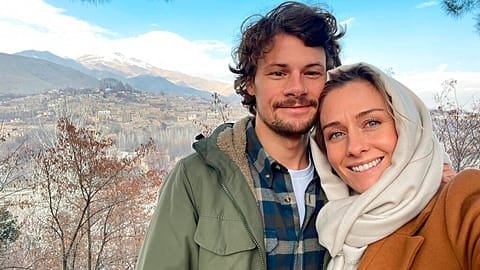 In this recent photo provided by Charlotte Bellis, Bellis poses in a selfie with her partner Jim Huylebroek in Kabul, Afghanistan. 