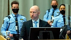 Convicted mass murderer Anders Behring Breivik sits in the makeshift courtroom in Skien prison on the second day of his parole hearing, Norway, Jan. 19, 2022.
