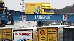 Vehicles disembark from the P&O ferry arriving from Scotland at the port of Larne, Northern Ireland, Feb. 2, 2021. 