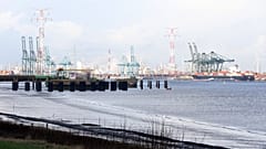 Der Hafen von Antwerpen aus Sicht der Ortschaft Doel, Belgien, 07.01.2022