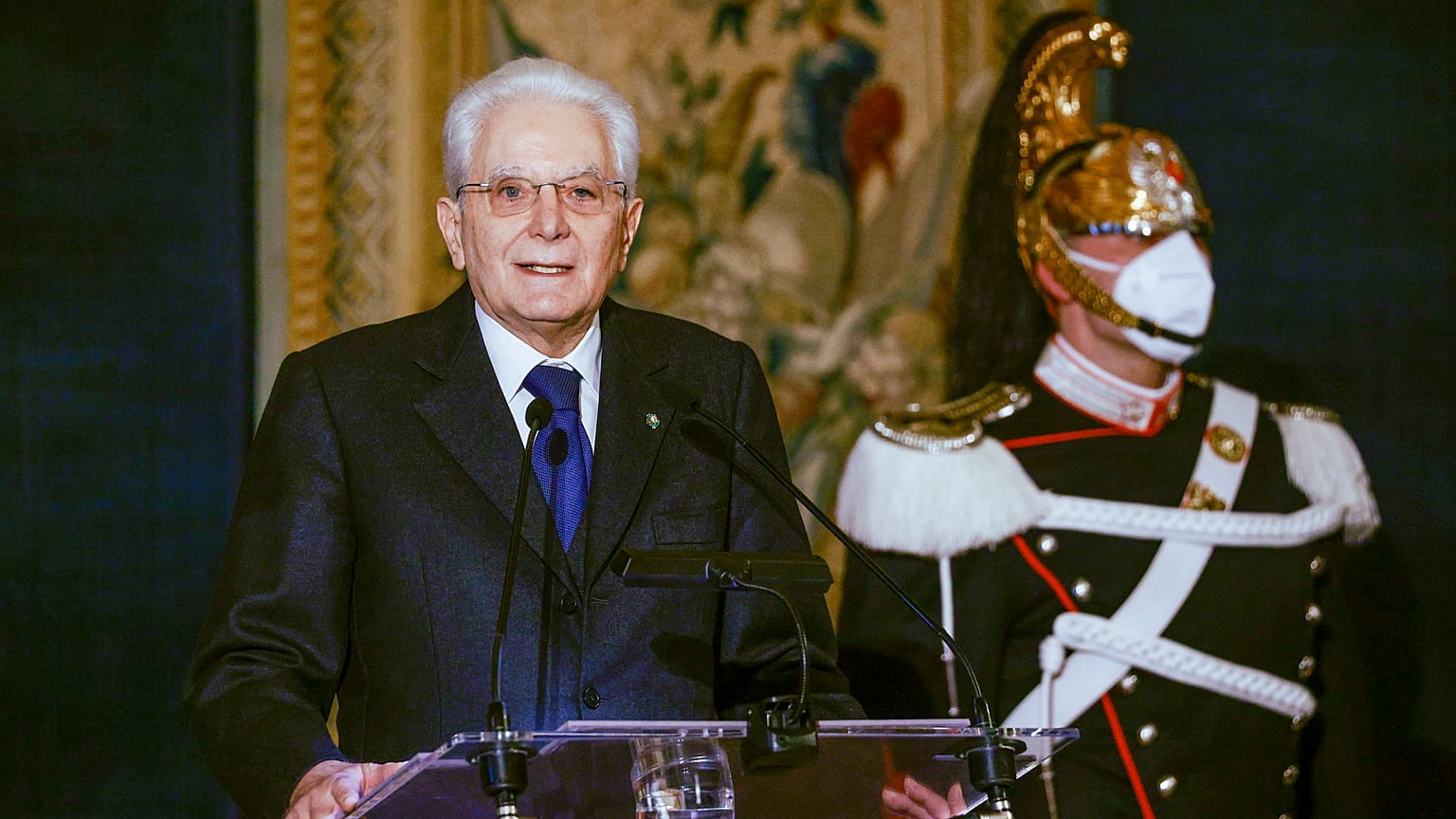 Sergio Mattarella delivers his speech at the Quirinale presidential palace in Rome.
