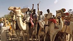 متظاهرون موالون للجيش يسيرون على ظهور الجمال أثناء احتشادهم بالقرب من مقر الأمم المتحدة في الخرطوم. 2022/02/05